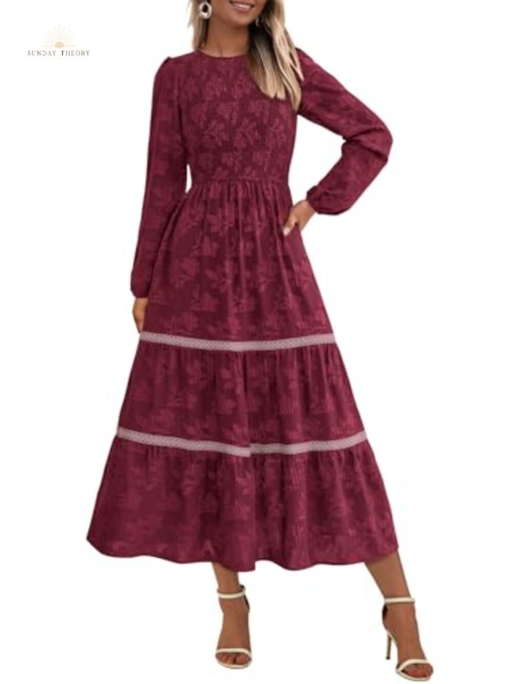 Women's Long Sleeve Boho Floral Midi Dress Smocked Fit Flare Puff Sleeve